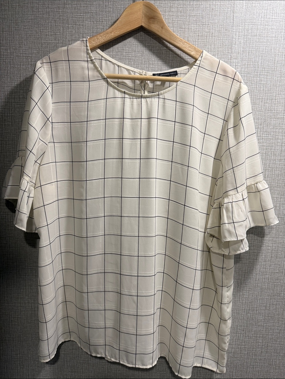 Adrianna Papelle Women's Cream Windowpane Ruffle Sleeve Blouse Size X-Large